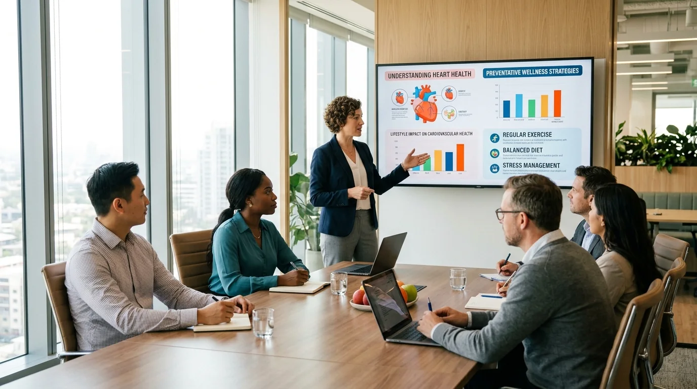 Taller corporativo de salud cardiovascular y bienestar en oficina moderna