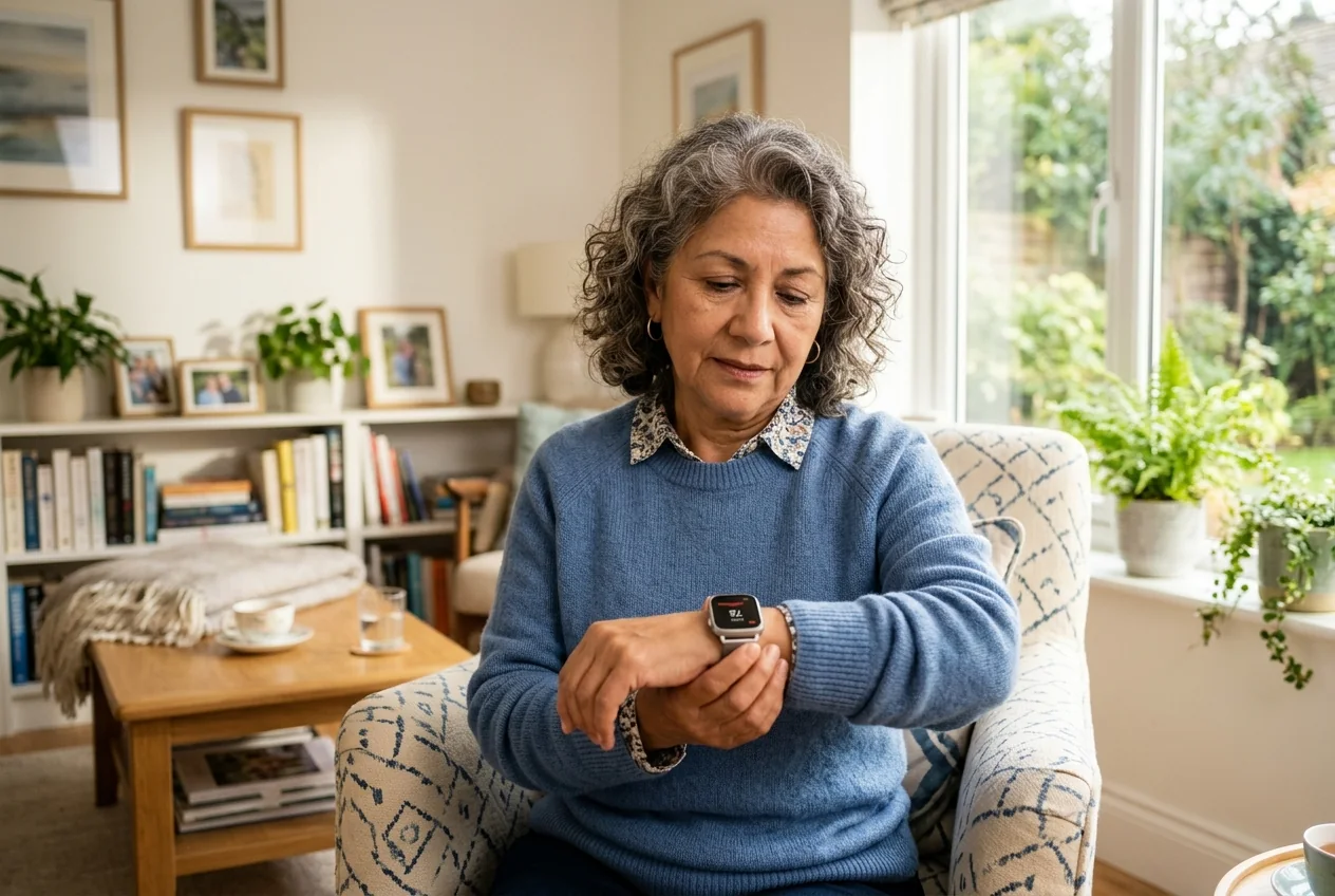 Paciente con fibrilación auricular revisando su smartwatch en casa